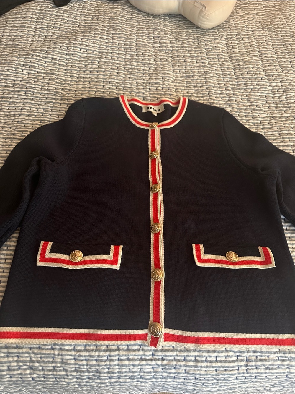 Boden Navy Knit Jacket with Red & White Trim